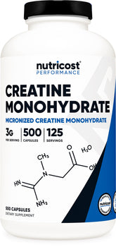 Bottle of Nutricost Micronized Creatine Monohydrate 750mg capsules (500 capsules)